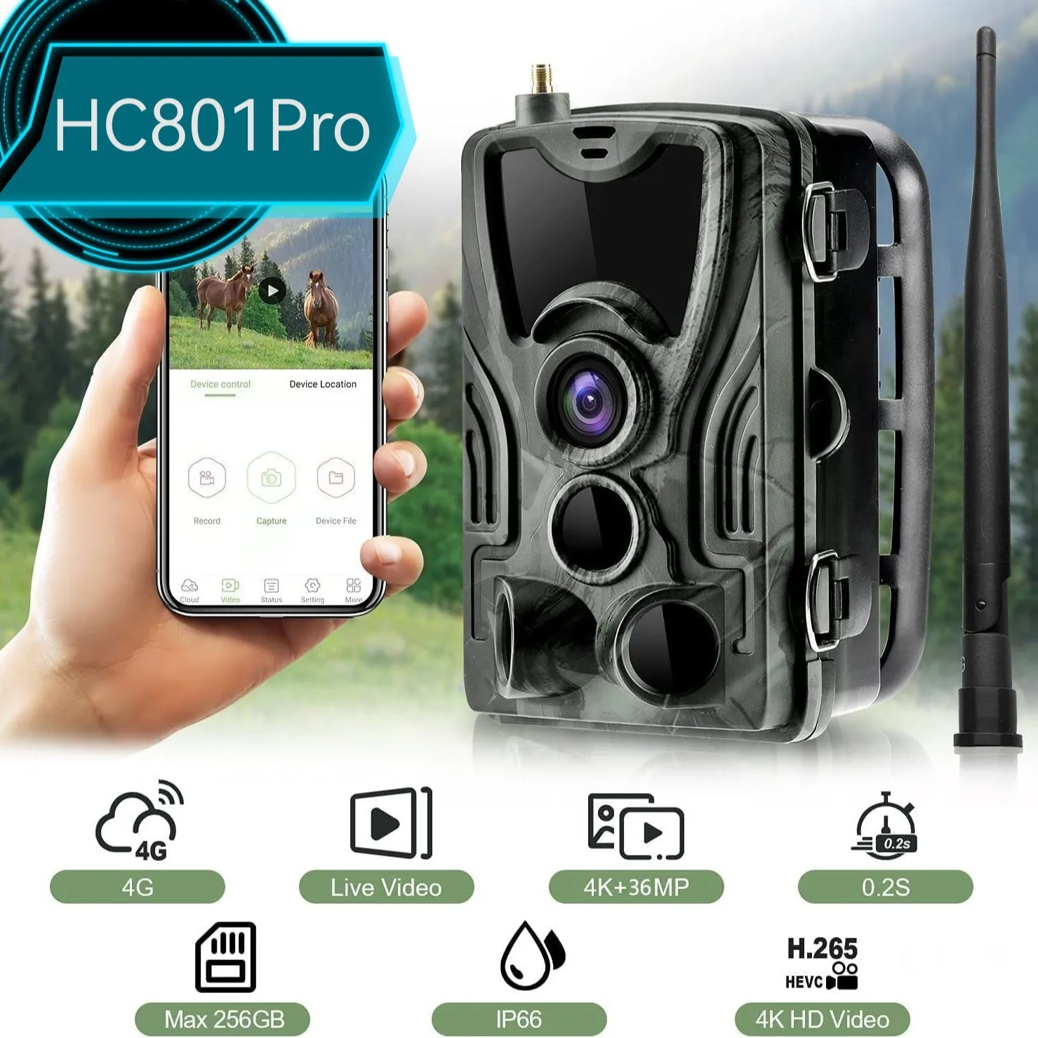 Outdoor High-definition Infrared Hunting Camera 36MP True 4K 4G HC-801Pro Mobile APP Real-time Video Support FTP/SMTP