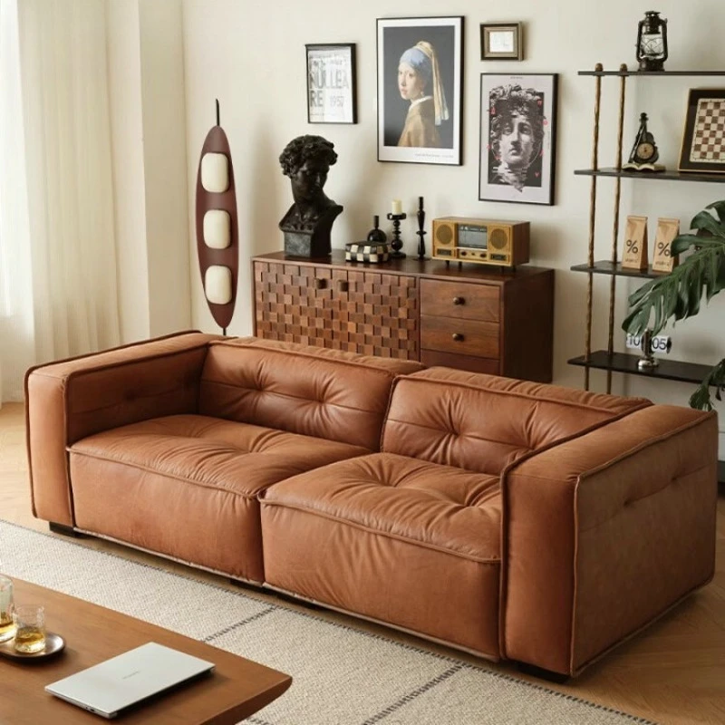 Retro leather minimalist small apartment French first-layer cowhide sofa