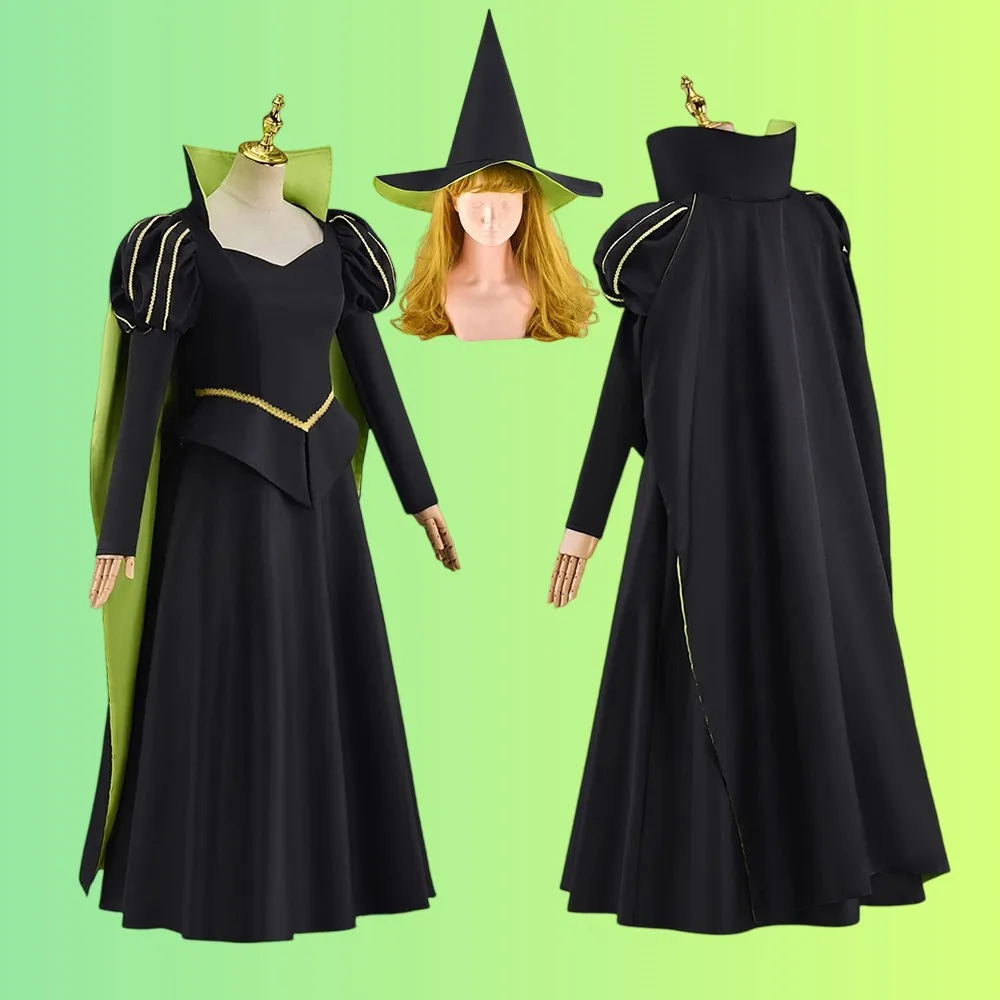 

Elphaba Cosplay Wicked Costume Women's Black Stand Collar Dress with Hat Disguise Vampire Queen Halloween Carnival Ball Gown