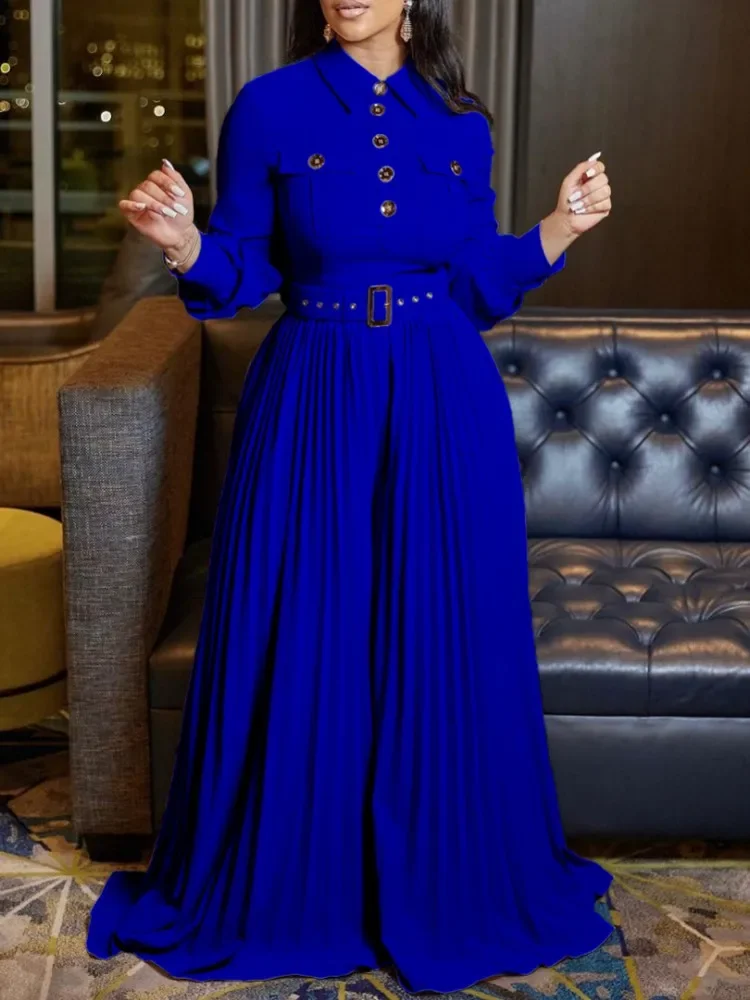 Dashiki African Elegant Fashion Women Pleated Jumpsuits Long Sleeve Wide Leg Pants Rompers Party Office Outfits With Belt 2023