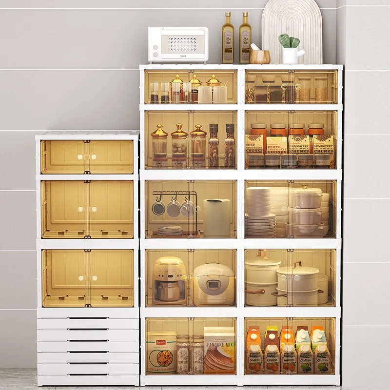 

Transparent Plastic Folding Kitchen Storage Cabinet Multi-layer Organizers Microwave Oven Dish Storage Boxes Dustproof Folding