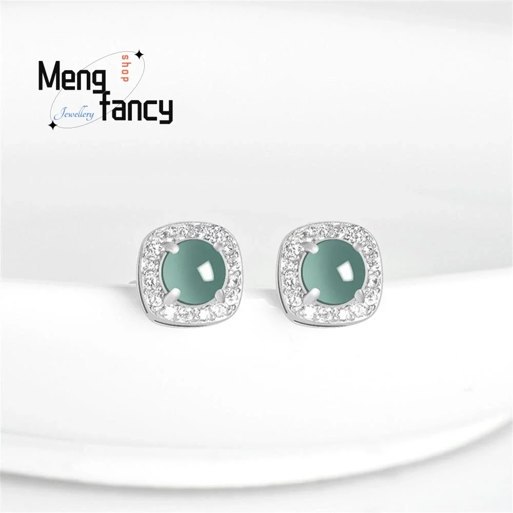 

Natural A-goods Jadeite Blue Water Square Earrings Ice Jade S925 Silver Inlay Elegant Fashion Fine Jewelry Sexy Young Girls Gift