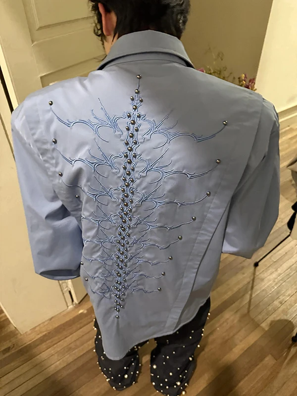 

Blue Long Sve Men's irt Snake Eye Spine Design Spring Autumn Casual Faion Cleanfit Outerwear Loose Fit Iron Free