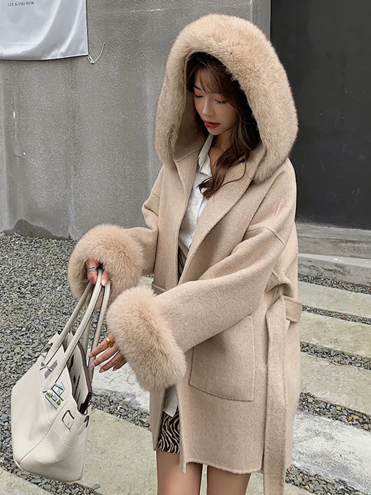 2024 Woolen fur,Vintage Ladies classic Loose double-sided Real Wooelen coat with genuine fox fur