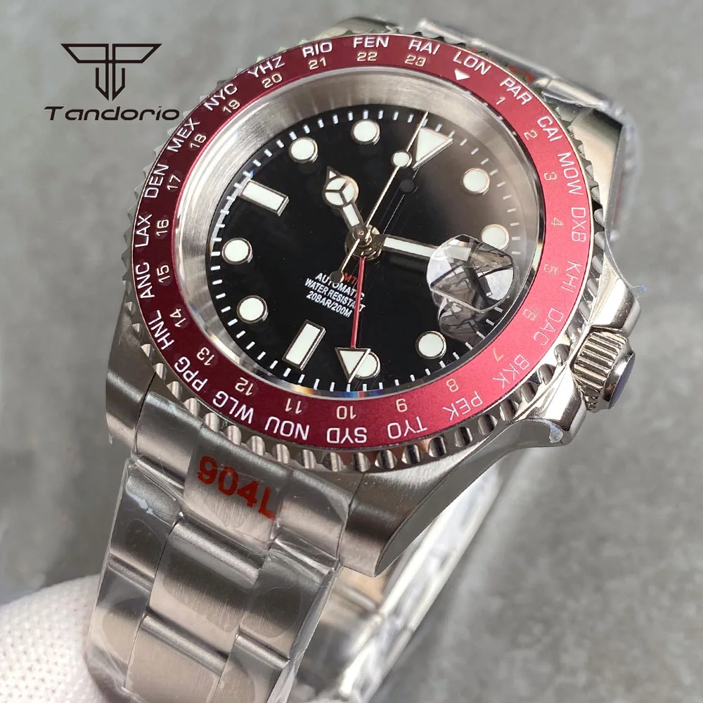 Tandorio GMT Men Watch Sapphire NH34 Automatic Dive Mechanical Wristwatch 24H Aluminum Bezel Date Luminous 20atm Sterile Dial