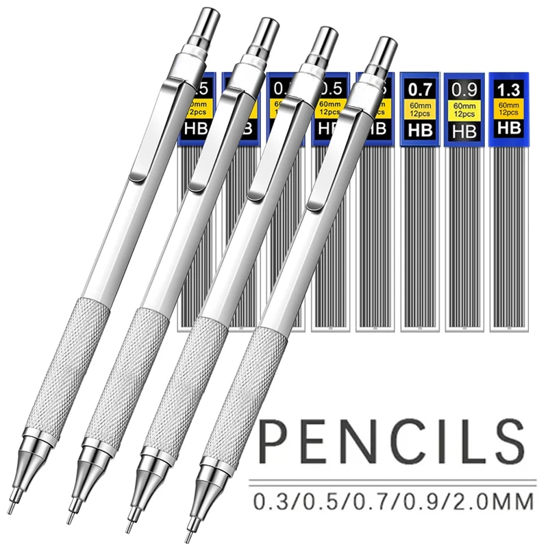 0.3 0.5 0.9 1.3 2.0mm Metal Mechanical Pencil Set with HB Leads Art Drawing Painting Automatic Pencil Office School Stationary