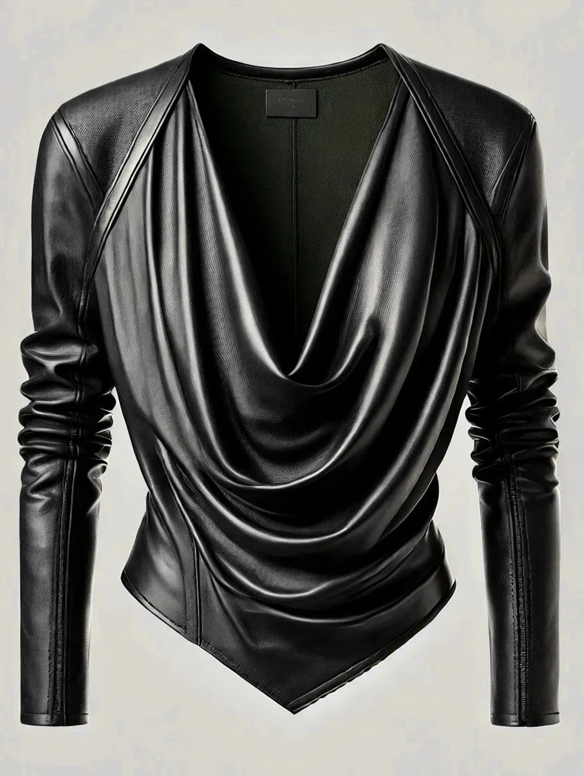 Women Novelty Tops Cowl V Neck PU Leather Long Sleeve Blouse Cinched Irregular Hem Ruched Leather T Shirt High Street T shirts