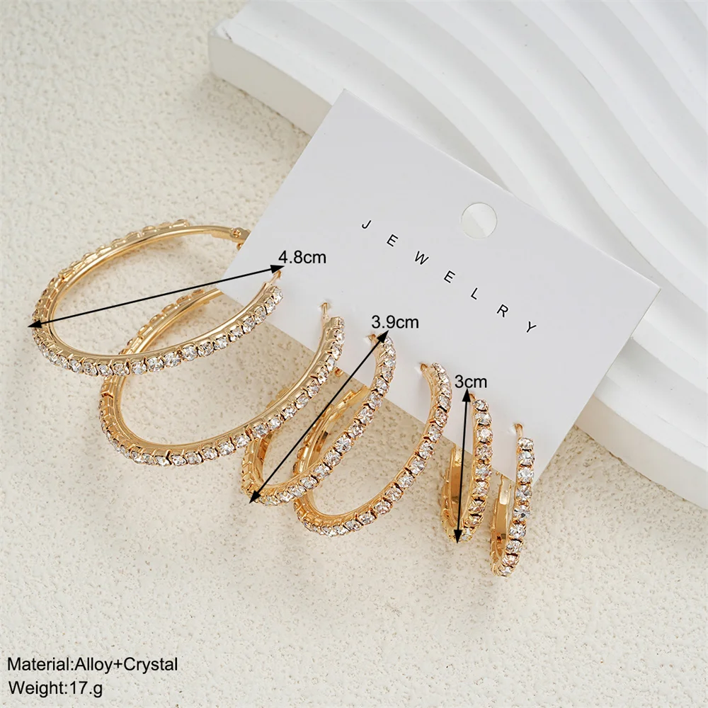 6PCS Exaggerated Big Gold Plated Crystal Rhinestone Hoop Earrings Set for Women Shiny Circle Earring Party Banquet Jewelry Gift