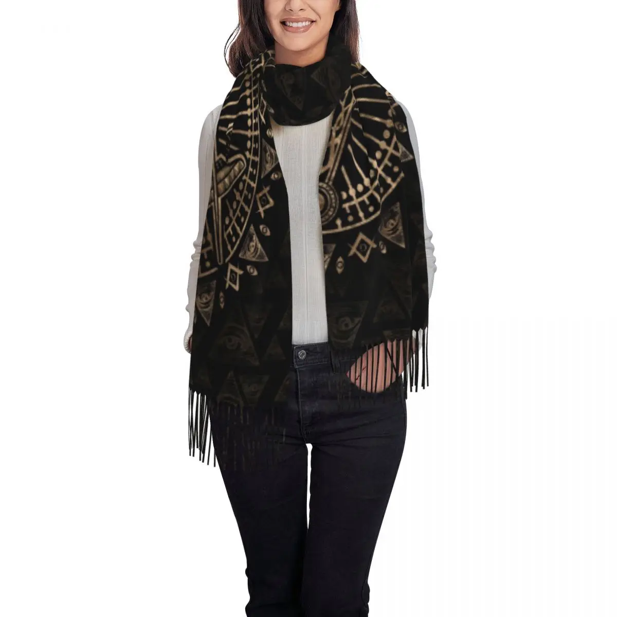 Stylish Freemasonry Symbol Tassel Scarf Women Winter Fall Warm Shawls Wraps Female Mason Scarves