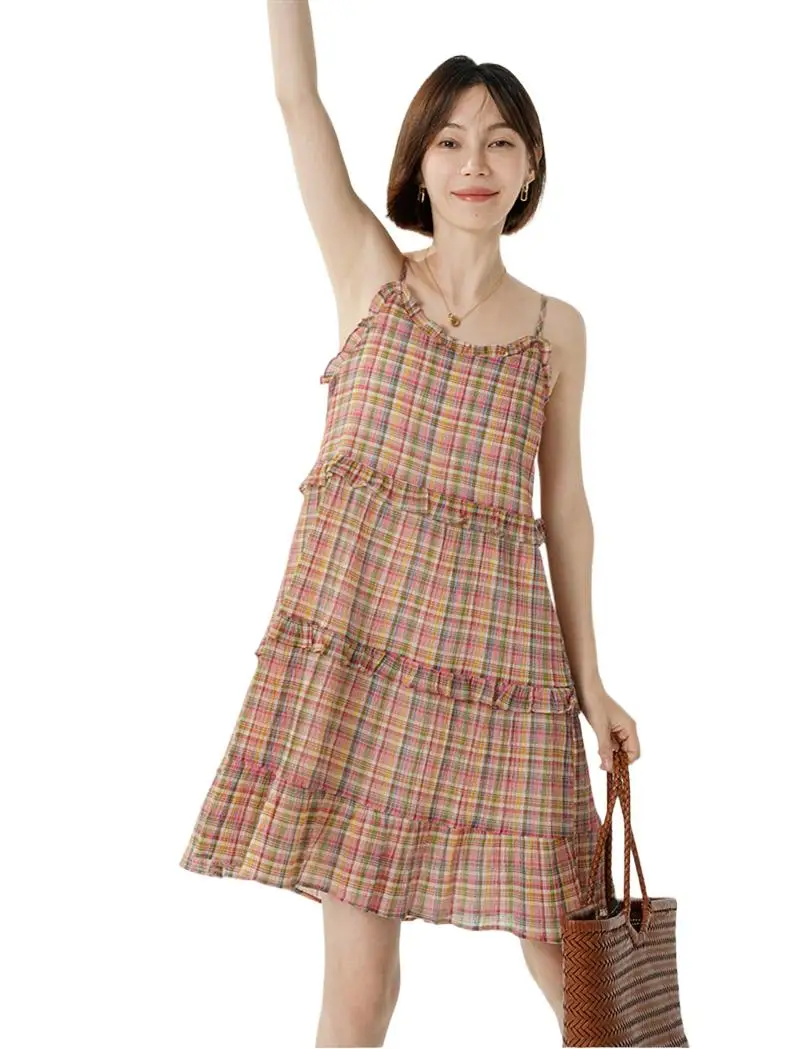 

Japanese Kawaii beach Spaghetti Strap Dress Women Sweet Red Plaid Party Mini Dress Female Korean Fashion Y2k Princess Dress