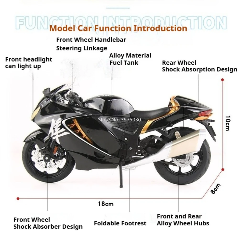1:12 Suzuki Hayabusa R3 Мотоциклы Автомобили Игрушечные модели из сплава Литой под давлением со световым звуком Миниатюрные транспортные средства Игрушки Идеальные подарки для мальчиков