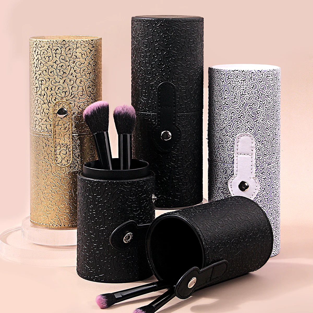 1PCS High-End Fashion PU Leather Makeup Brush Storage Bucket Dustproof and Waterproof Desktop Cylinder Makeup Storage Tools