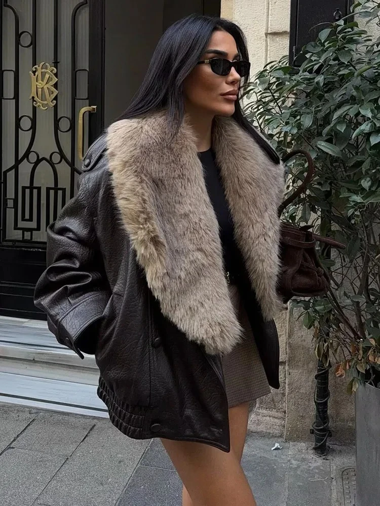 OFTBUY Grow Leather Jacket Women Loose Faux Leather Jacket Removed Faux Fur Collar Causal Coat Outwear Women's Bomber Jacket
