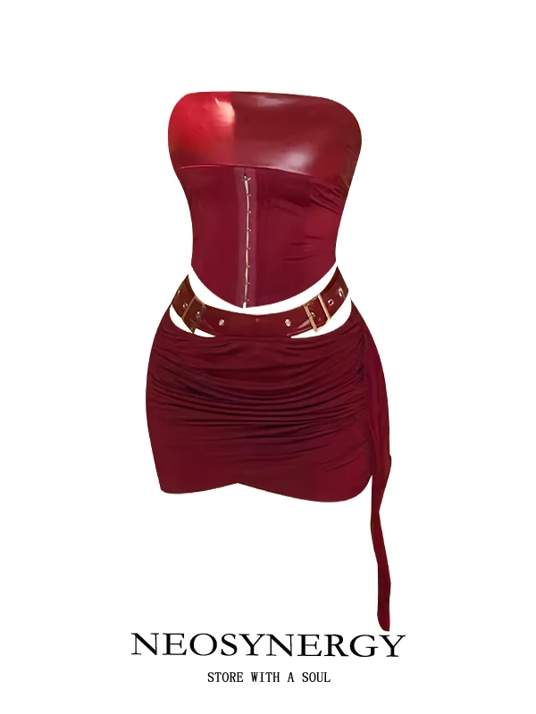 

Neosynergy loween PU Leather Belted Bandage Women's Skirt Set High Waist ort Skirt Street Sle Faion plus Size