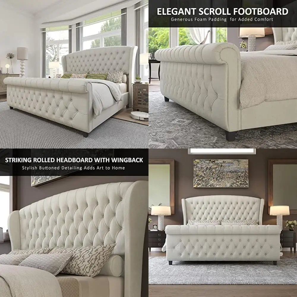 King Size Chenille Upholstered Platform Bed Frame with Sleigh Style Headboard and Footboard, Scroll Wingback Design and Button T