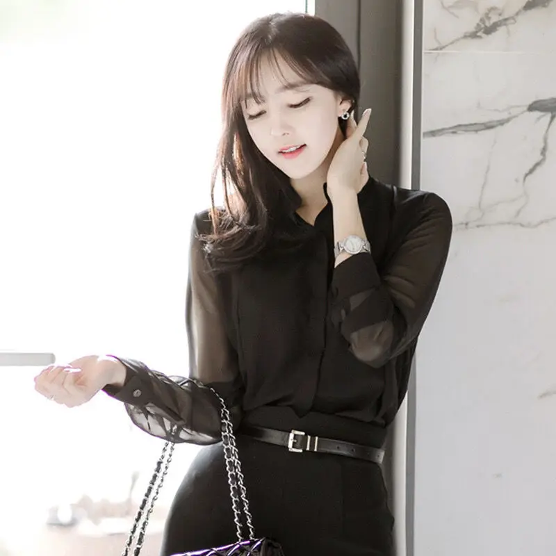 Women's Black Vintage Chiffon Blouses Spring Summer Gauze Long Sleeves Stand Collar Wild Fashion Elegant Women Pullover Shirt