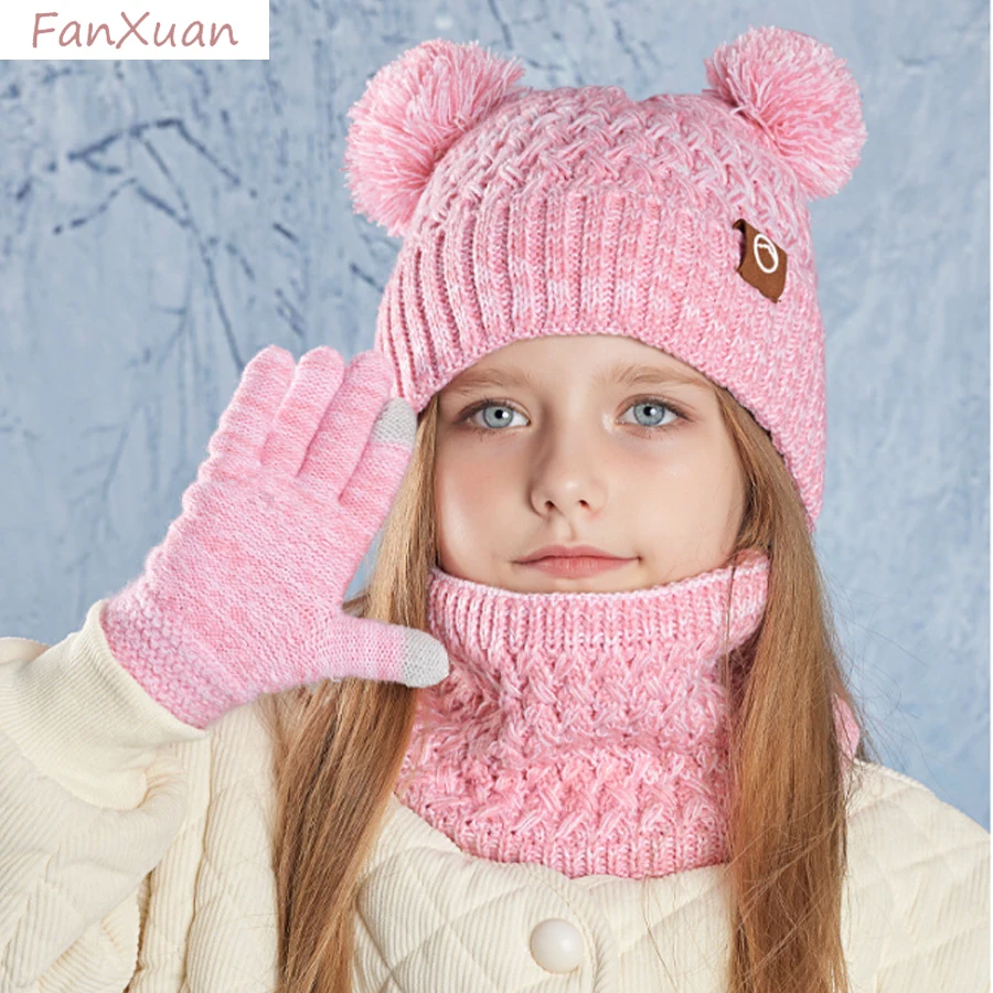 

set 3pcs children winter hat snood gloves 4-10Y boys girls winter beanies hats plush lining double layers short scarf kids