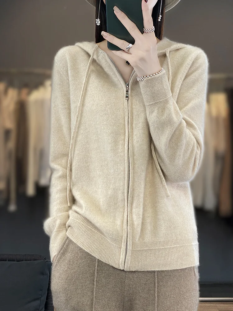 

100% Merino Wool Women Hooded Cardigan Long Sleeve Sweater For Spring Autumn Zipper Cashmere Knitwear Korean Popular Clothes