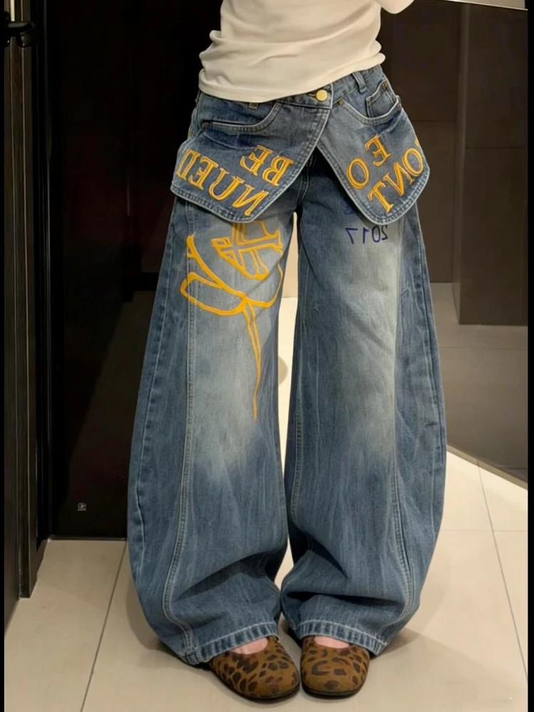 

American High Street Design Color Block Letter Print Jeans Women Summer Patchwork Fake Two-Piece Floor-Length Pants