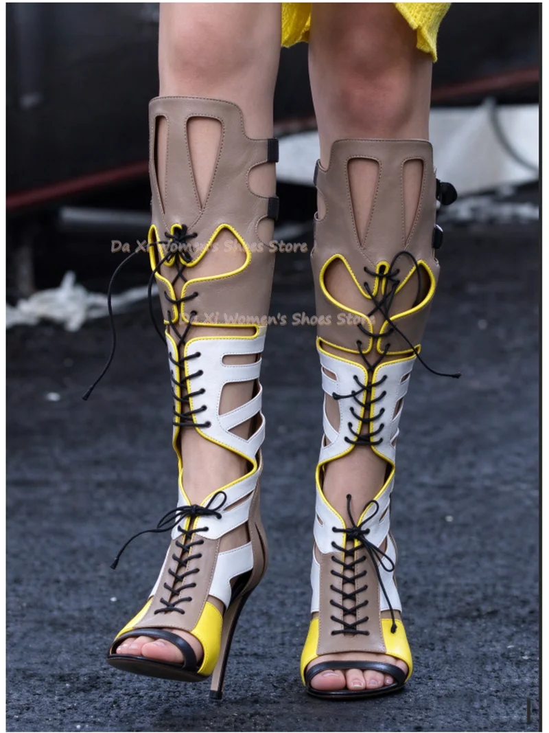 Gladiator Style Knee-High Open-Toe Boots Color-Blocking Openwork Lace-Up Runway Show Open-Toe Boots Luxury Women's Boots 2026