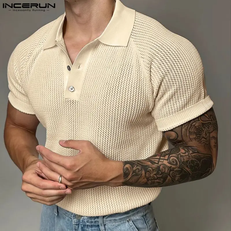 

INCERUN Men Shirt Mesh Hollow Out Solid Color Lapel Short Sleeve Men Clothing Streetwear Summer 2024 Fashion Casual Male Shirts