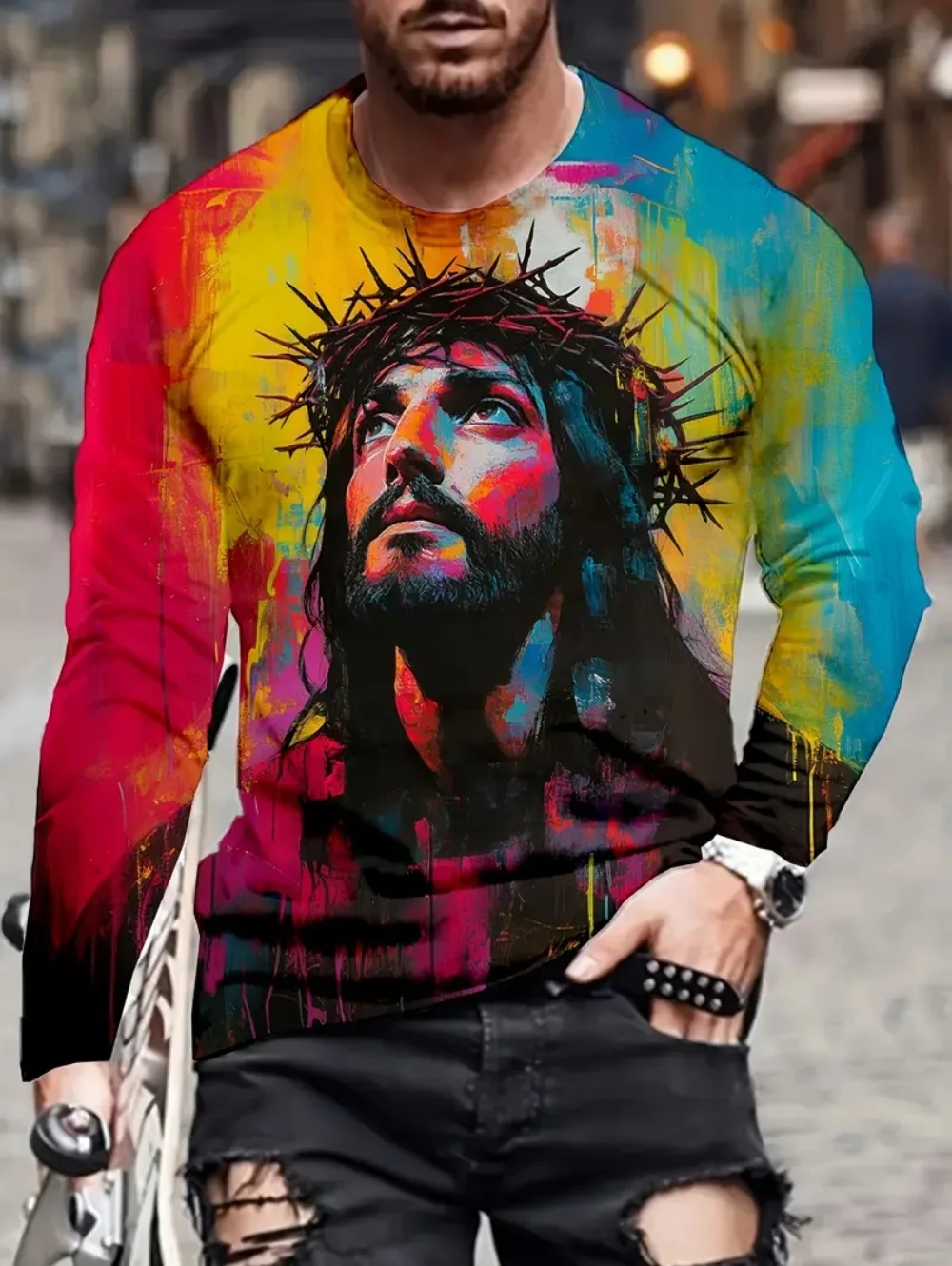 Men's 3D Jesus Print T-Shirt Long Sleeve Casual Crew Neck Praying Hands Design T-Shirt for Man New Loose Graphic Tee Shirt Tops