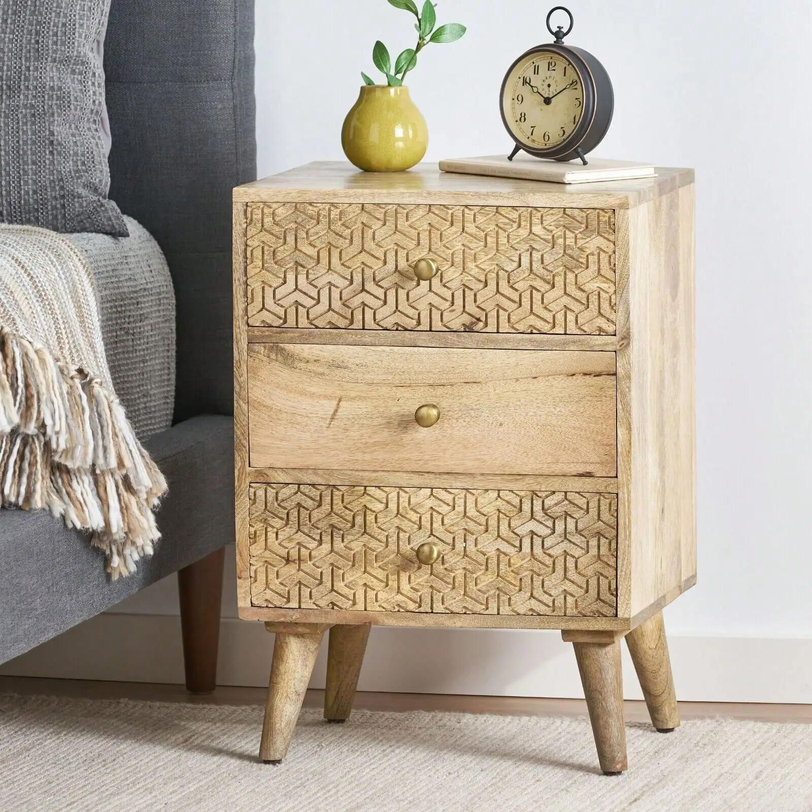 

Boho Handcrafted Mango Wood 3 Drawer Nightstand, Natural