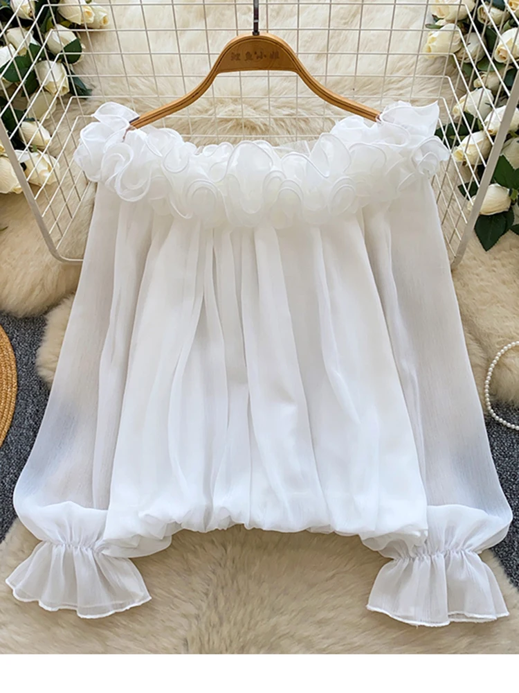 

Женская шифоновая рубашка на одно плечо с деревянными ушками и длинными рукавами, весна-осень, новая модная сексуальная милая свободная блузка с разрезом на шее, топ T55