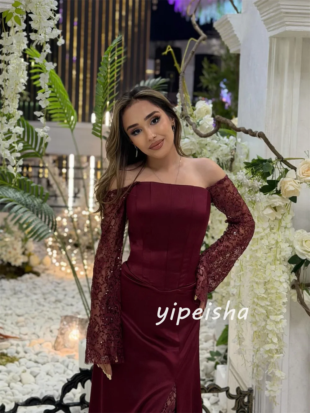 Customized Burgundy Matching Pleat Lace Beading Sequined A-line Off-the-shoulder Floor-Length Evening Dresses For Birthday Party