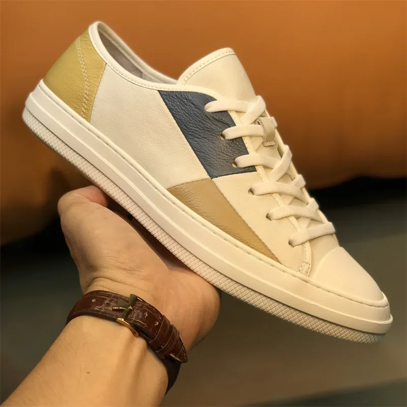 High Quality Men's Genuine Leather Shoes Color Matching Breathable Men Fashion Board Shoes Flat Bottom Men Casual Sneakers
