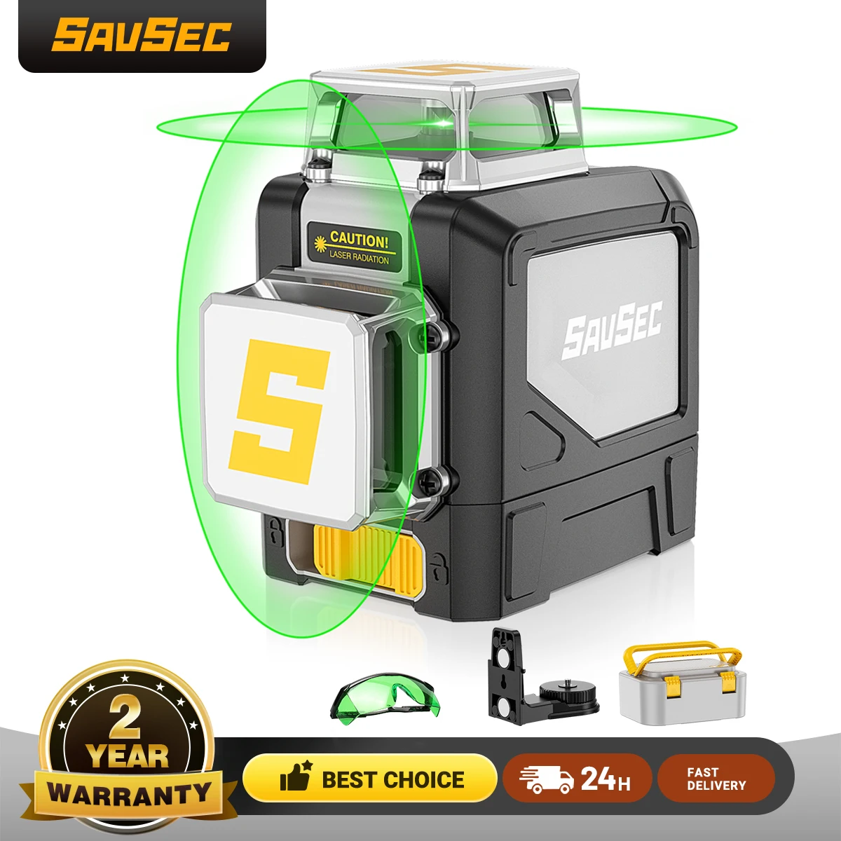 2D Laser Level Self Leveling SAVSEC 360° Laser Tool Green Cross Line for Construction and Picture Hanging with Hard Carry Case