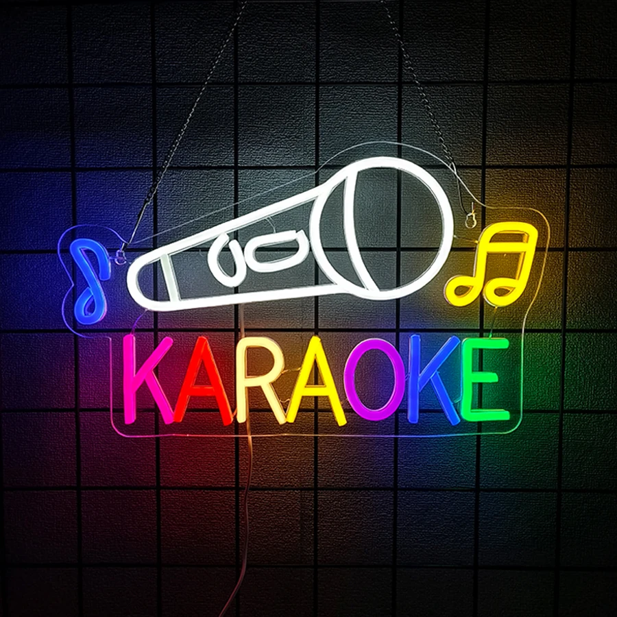 Karaoke Led Neon Sign, Colorful Letters Retro Hand Wheat Icon, Live Broadcast, Bar, Music Studio, Game Room, Party Art Decor.