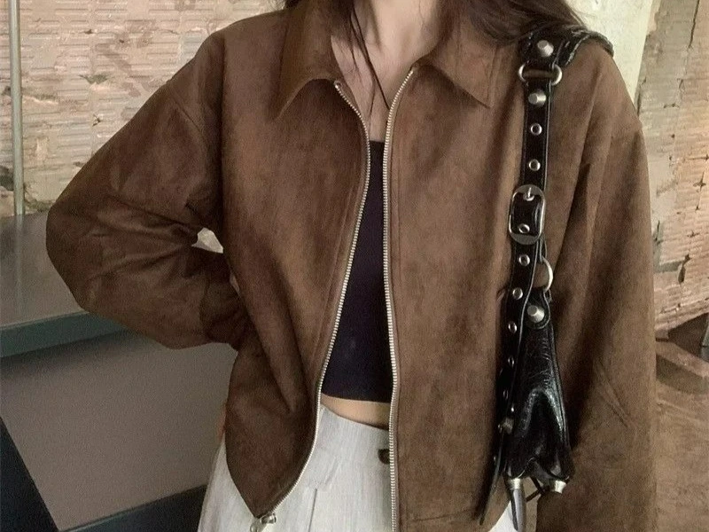 Brown Short Coat Spring and Autumn Women's Short Zipper Lapel Retro Jacket Outside