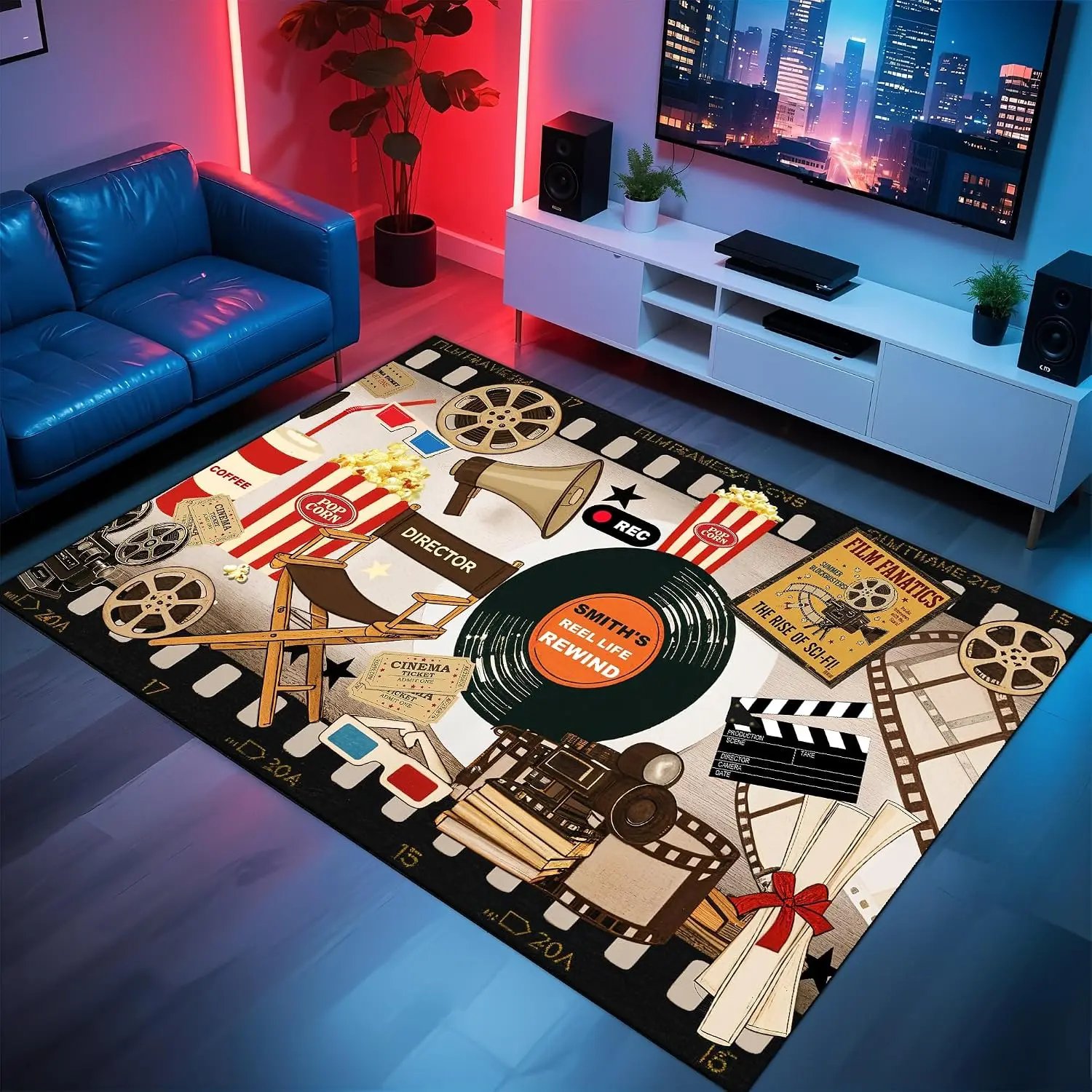 Customized Name Cinema Carpet, Soft Non-Slip Rug for Home Theater Media Room, Signature Movie Night Decor Floor Mat