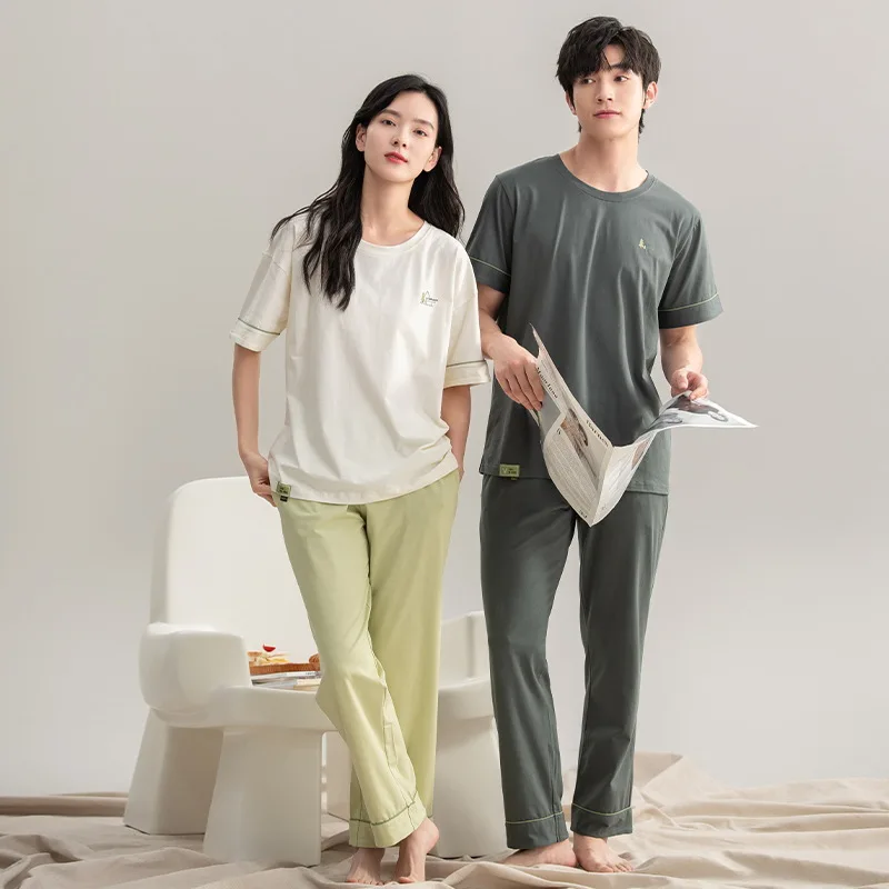 Newest Women Man Couples Cotton Pajamas Sets Fashion Lovers Leisure Spring Summer Printing Nightwear Simple Soft Home Clothes