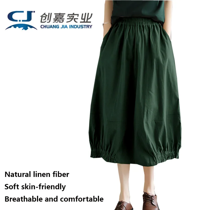 Linen spring Summer Lady Half Skirt Cotton and Linen Black Elastic Waist Pleated A-line Skirt Fat Girl 100KG Casual Comfortable