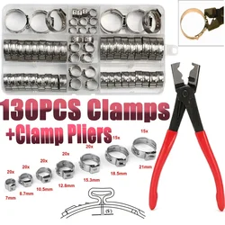 130pcs Stainless Steel Single Ear Stepless Hose Clamps Assortment Box Kit OR 1 Plier for Crimp Pinch Rings Securing Pipe Hose