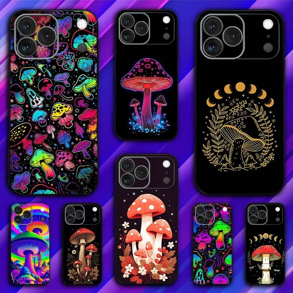حافظة هاتف P-Psychedelic Mushrooms لهاتف iPhone 17,16,15,14,13,12,11,Pro,Max,Plus,X,XS,SE4,E,Mini,Soft Black Case