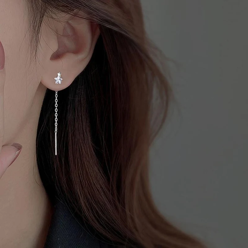 Shiny Zircon Star Earrings Simple Temperament Sweet Long Tassel Ear Line 925 Silver Earring For Women Fashion Jewelry KOFSAC