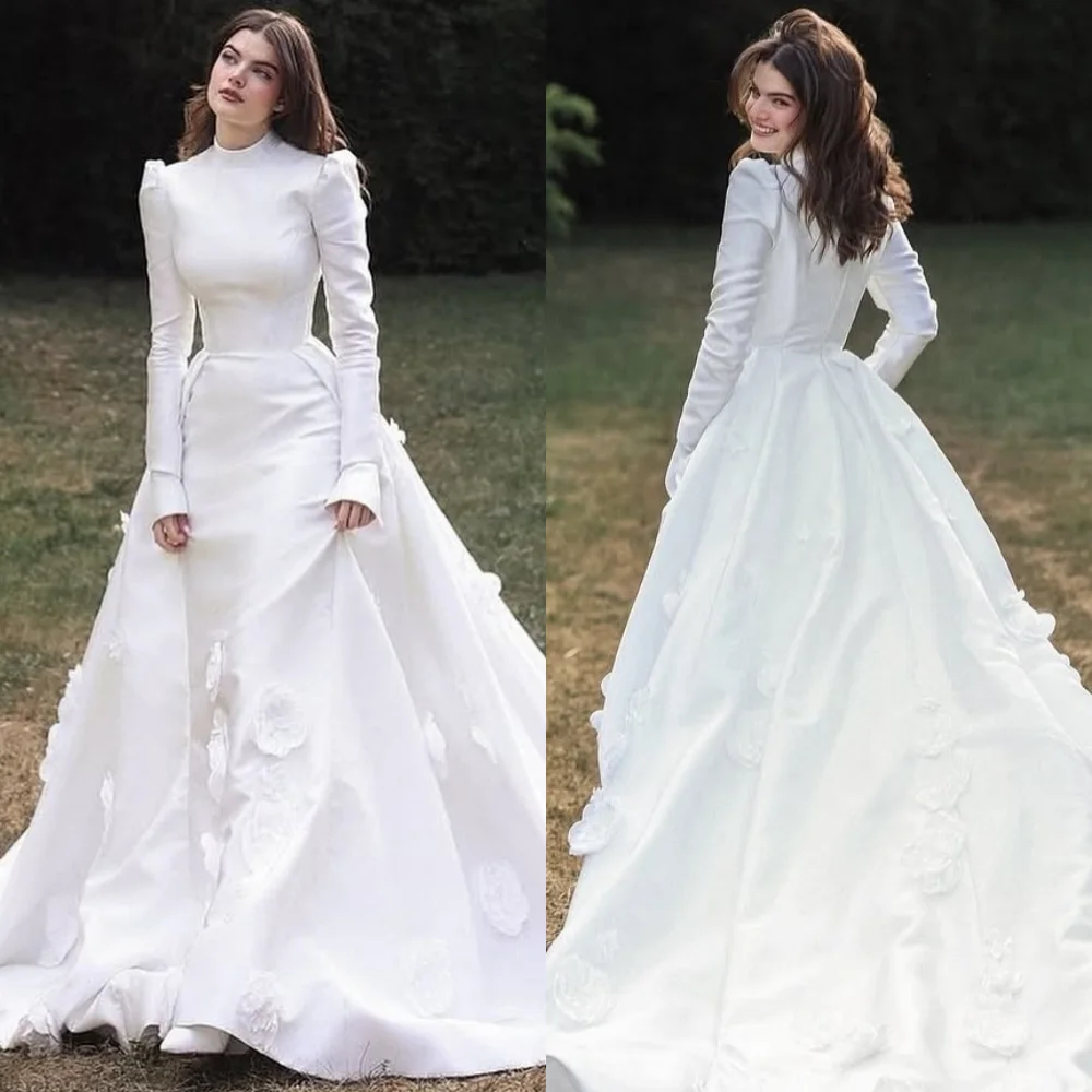 

Customized Classic Exquisite Jersey Flower Pleat A-line High Collar Long Dresses Bespoke Occasion Formal