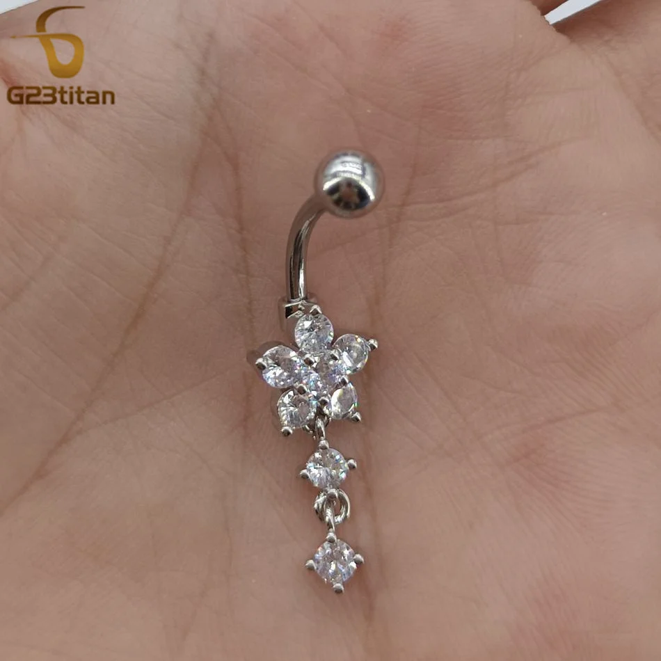 G23titan 14G Surgical Titanium Bar Belly Button Ring CZ Zircon Flower Dangle Crystal Women Navel Ombligo Piercing Body Jewelry