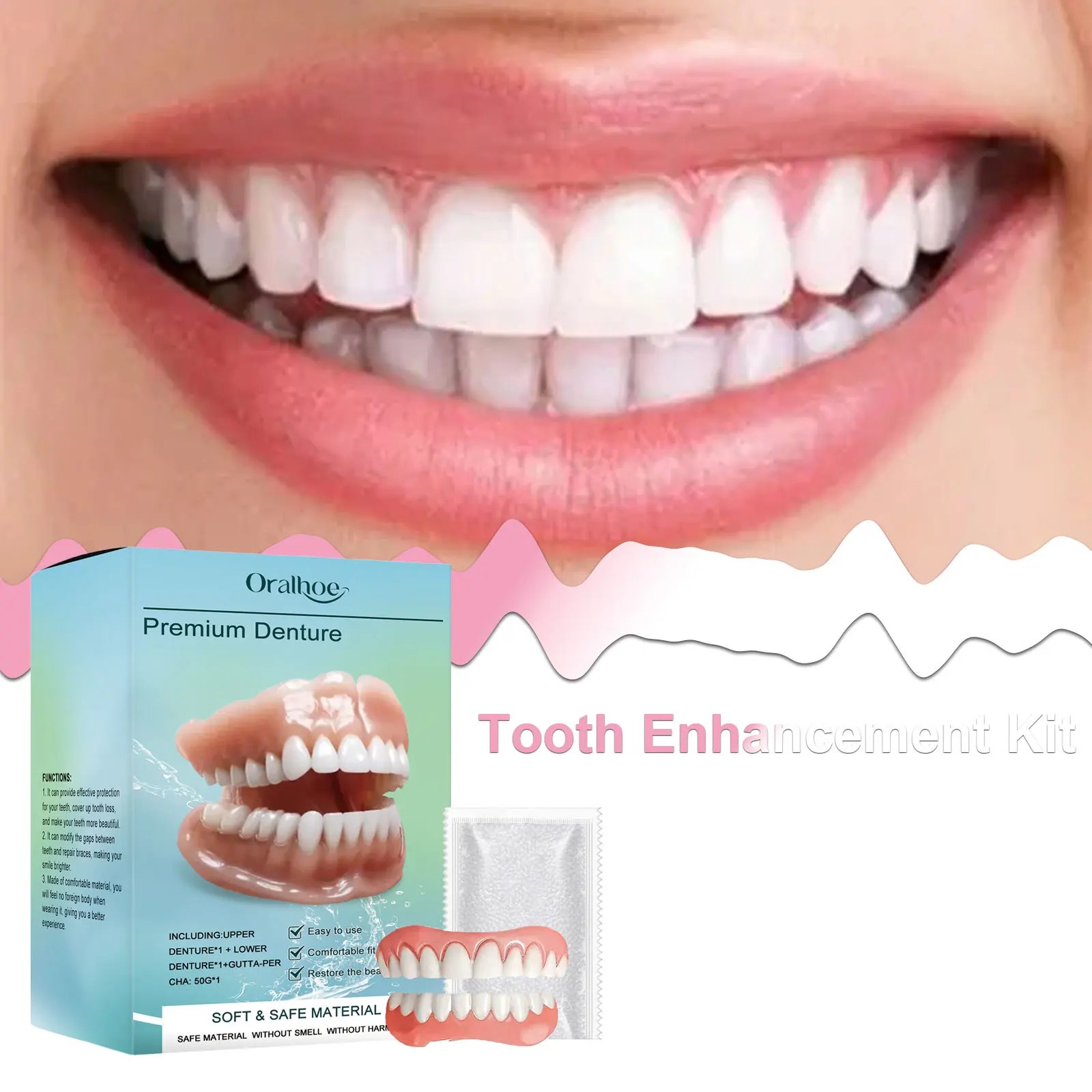 Kit de décoration dentaire Oralhoe – Matériau confortable, fausses dents, placages d'apparence naturelle pour un sourire amélioré au quotidien, portable