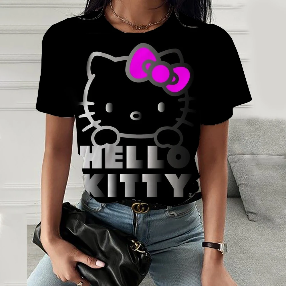 Cute Harajuku Y2K Tops Clothing Hello Kitty Kuromi print Women Casual T-shirts Kawaii Pink Tshirts Oversize Fashion Trend Tee