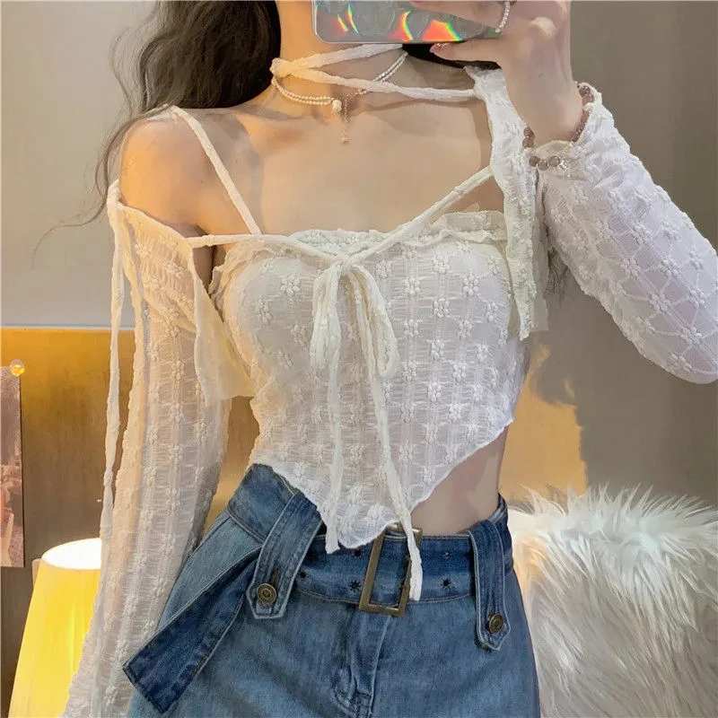 Sexy Two Piece Tops Women Irregular Lace Camis Tanks Slim Fit Fashion All Match High Street Lace Up Long Sleeve Cardigan New