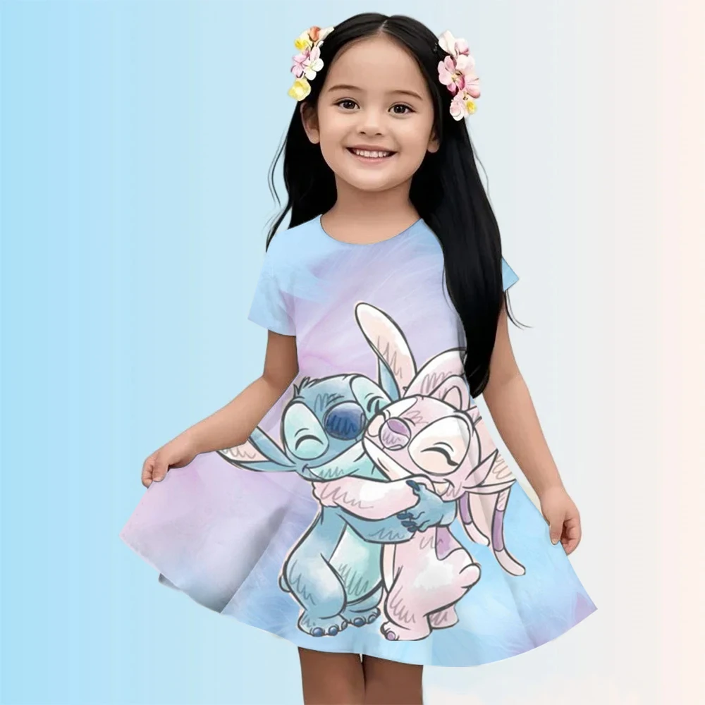 فستان ديزني الصيفي للفتيات اللطيف المطبوع بغرز كرتونية، فستان من قطعة واحدة للأطفال، ملابس كاجوال يومية بأكمام قصيرة
