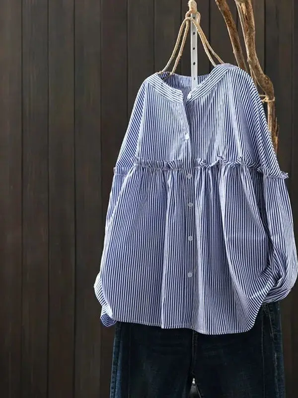 

Blue Striped Women's Chiffon Shirt Loose Slimming Base Layer Top Five-Quarter Length Sleeve round Neck Commute Style