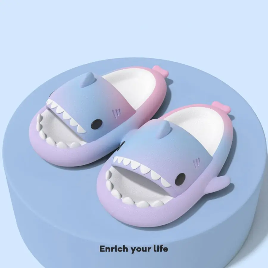 2024 Summer Gradient Shark Slippers Bathroom Slippers Household Anti slip Flat Shoes Girl Boy Beach Shoes Children\'s Fun Sandals