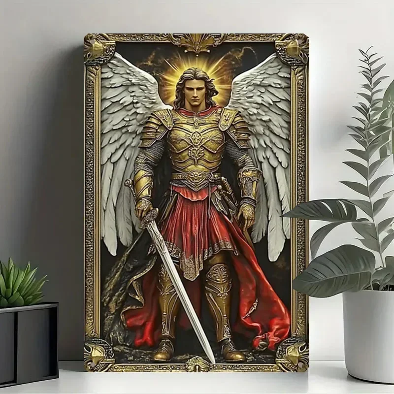 

1pc Archangel Michael Aluminum Wall Art, 8x12 Inch Majestic Golden-Winged Warrior Design with Red & Golden Hues, Ideal for Home