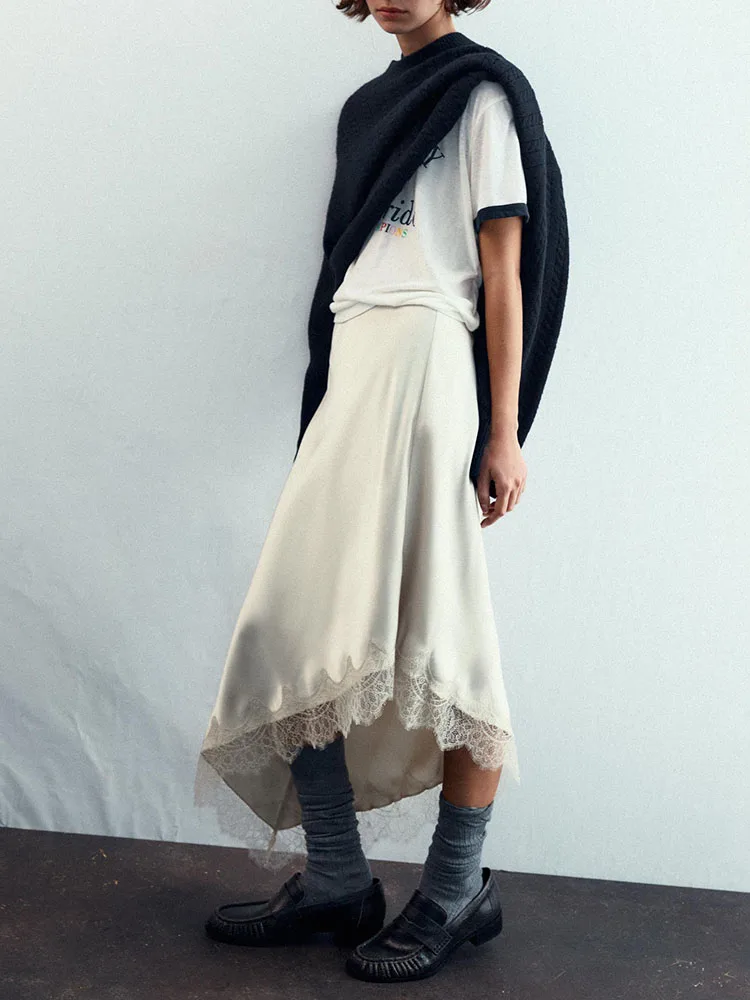 High-End Winter New Arrival Women's Dr ZA2025 Lace Decorated Silk Satin Skirt Ele Ethnic Stage Costume 2025