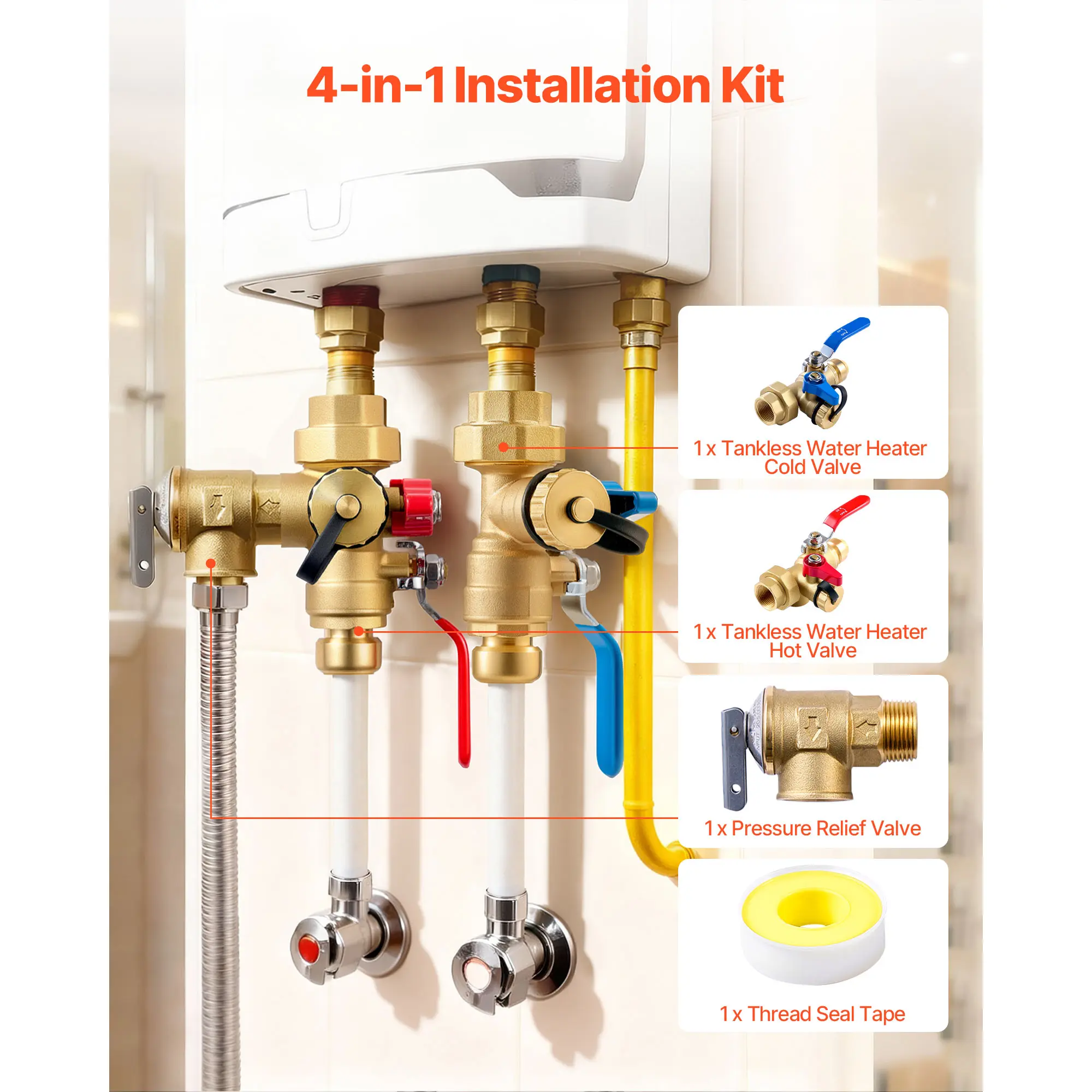 VEVOR Water Heater Kit 3/4 Inch Tankless Service Valve Kit with PTC Isolation Valves Pressure Relief Valve Lead-Free Brass